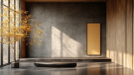 Stylish room features minimalist furniture and natural elements indoors