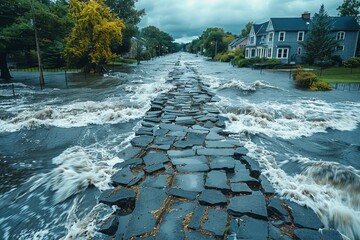 Severe flooding disrupts roads in residential area during heavy rainfall in late fall afternoon