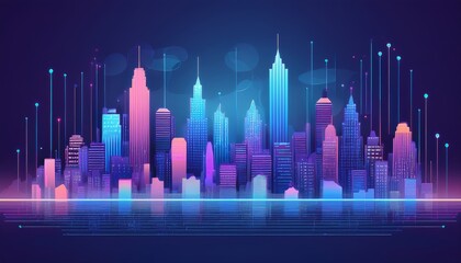 futuristic city skyline with abstract data visualizations and glowing elements