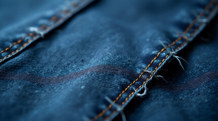 Focus on denim fabric with visible stitching and fraying edges in a classic indigo blue.