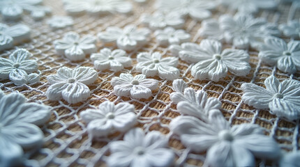 Zoomed-in perspective of intricate lace patterns, highlighting delicate threads and floral designs