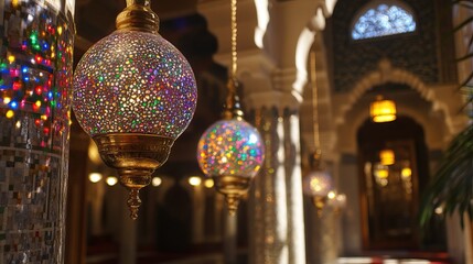 Obraz premium Colorful lanterns hang in ornate hallway, sunlight streams in, mosaic walls, travel brochure