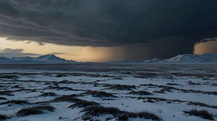 Snowy plains under dramatic storm clouds