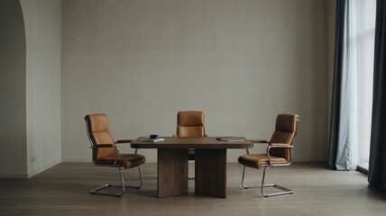 Negotiation room with empty chairs, symbolizing anticipation, strategic planning, and the potential for future agreements in a professional setting.