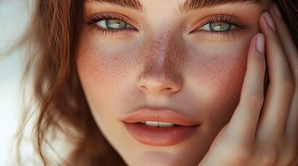 Obraz premium Close-Up of a Beautiful Woman's Natural Face with Freckles