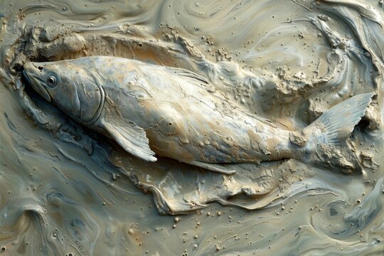 Fish resting in muddy water reveals nature's art in vibrant texture and detail under natural light - Powered by Adobe