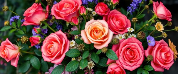 Obraz premium Rustic bouquet of vibrant roses and lush greenery, wildflowers, nature, shabby chic, flora, beautiful