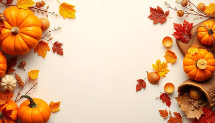 Autumn Harvest Thanksgiving Background with Pumpkins, Fall Leaves, and Decorative Elements