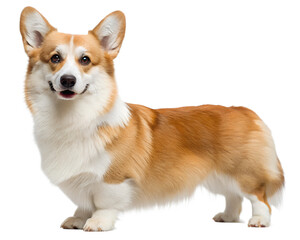 A charming Pembroke Welsh Corgi, a loyal companion with a fluffy coat and expressive eyes, stands proudly against a pure white backdrop.