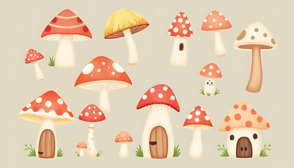 Adorable Collection of Cartoon Mushrooms with Little Houses, Perfect for Children's Illustrations and Cute Designs