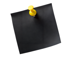 A mysterious black note pinned with a vibrant yellow thumbtack, hinting at a secret message or hidden thoughts, against a stark white background.