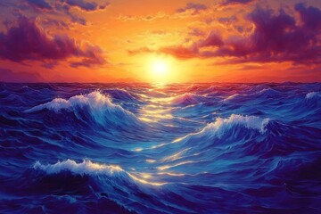 Obraz premium Dramatic ocean sunset painting with colorful sky and waves illustration for background