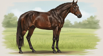 Naklejka premium Majestic Bay Horse: Serene Pastoral Portrait in Realistic Style