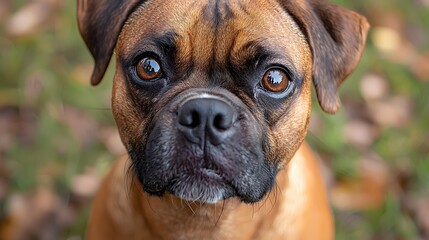 Fototapeta premium Boxer mix puppy, autumn leaves, outdoor portrait