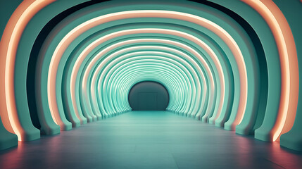 Obraz premium Abstract 3D Render of Glowing Green and Teal Neon Lines Forming an Arching Tunnel in a Dark Room