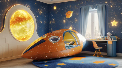 Design a cosmic adventure a kids room filled with glowing star decals
