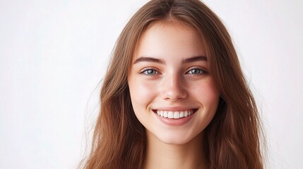 Naklejka premium Happy Young Woman with Radiant Smile Against Soft Background