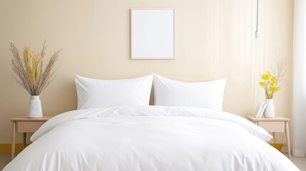 Simple bedroom interior with soft beige walls, white bedding, and natural decor