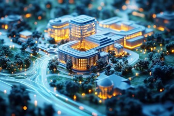 Obraz premium Modern interactive architectural concept illuminated at dusk in a vibrant urban landscape