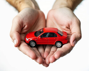 Hand carefully shelters bright red toy car. Ideal for toy car safety awareness campaigns or automobile insurance protection concepts.