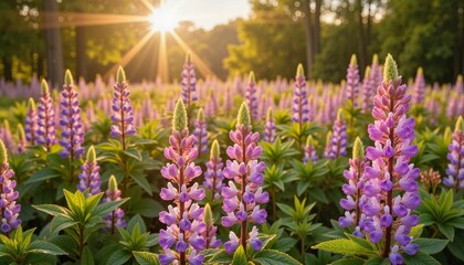 Naklejka premium Lush purple lupine flowers blooming at sunset
