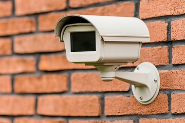 Surveillance camera installation urban area photograph brick wall close-up security monitoring