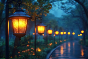 Solar-powered lanterns illuminate a tranquil pathway in a lush garden during twilight hours
