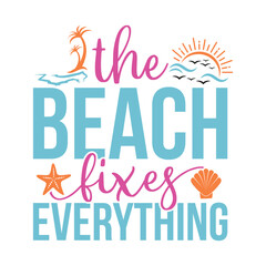 Obraz premium Retro The Beach Fixes Everything Illustration Design with Sunset, Birds, Palm Tree, Wave, Starfish, and Seashell