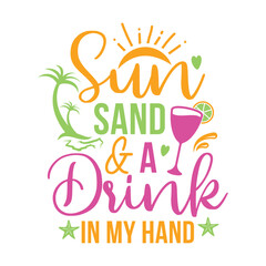 Obraz premium Retro Sun Sand & A Drink In My Hand Tropical Graphic Design with a Sun, Palm Tree, Drink Glass, Lime Slice, Heart, and Stars