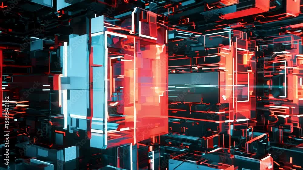 Poster Computer technology abstraction with connected hardware or data servers in neon lights of wires
