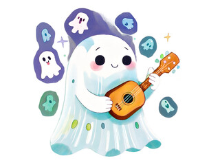Fototapeta premium Whimsical Illustration, A Cheerful Ghost Serenades with a Ukulele Amidst Friendly Specters and Starry Sparkles, Creating a Joyful and Ethereal Scene