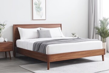 Modern bedroom design with wooden bed cozy home interior photography bright atmosphere stylish minimalism