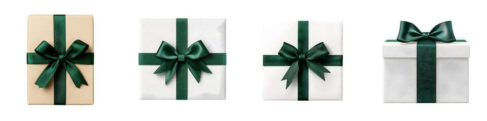 A collection of elegantly wrapped gift boxes with simple green ribbon bows arranged in a minimalist flat lay composition