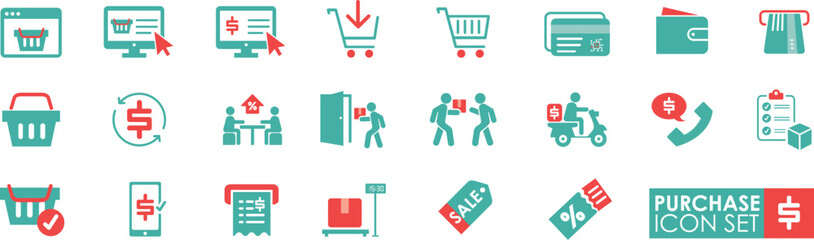 Purchase icons set in solid style, containing payment, transaction, discount, sale, order, delivery and more