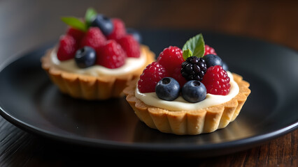 Exquisite Berry Tartlets on Dark Plated Surface