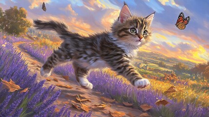 Obraz premium Kitten Chasing Butterflies in a Lavender Field at Sunset