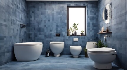 A toilet in a blue tiled bathroom with light shining.generative.ai