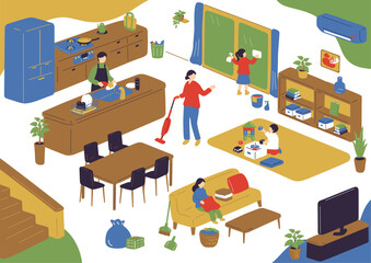 部屋の掃除をする人達 © kid_a