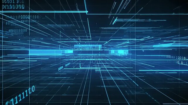Abstract digital landscape with glowing lines and binary code, representing technology and data flow
