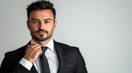 Stylish Businessman Adjusting Tie in Elegant Portrait Setting