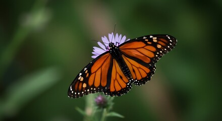 Obraz premium Monarch Butterfly Softly Resting on Purple Flower Warm Light. AI Generated