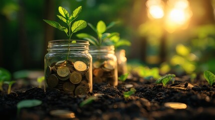 Concept of financial growth with plants sprouting from jars filled with coins, symbolizing investment and sustainability. Sunlight and green background enhance the theme of eco friendly finance 