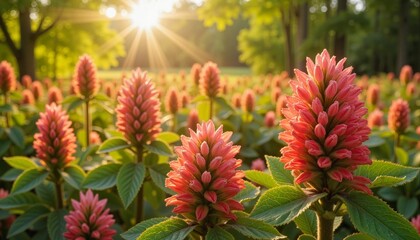 Fototapeta premium Sunlight shining on blooming pink flowers in a lush garden