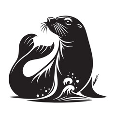 Black Caribbean Monk Seal Silhouette Vector, High Quality Illustration on White Background