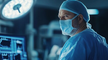 Focused Surgeon Examining Medical Monitor in Operating Room Setting