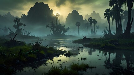 Misty swamp landscape at dawn