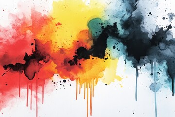 Abstract Watercolor Explosion Red with Yellow, Blue, and Black Splashes.