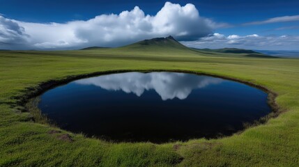 Serene mountain meadow pond reflection