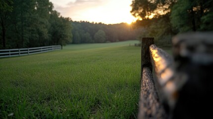 Golden sunset over a grassy field, bordered by a wooden fence