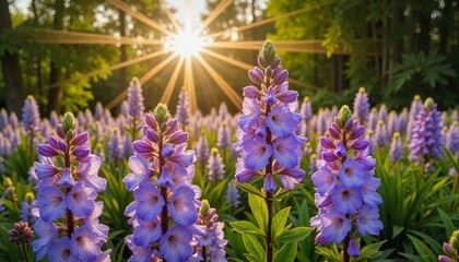 Obraz premium Purple flowers blooming in sunlight against green foliage